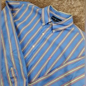 Ralph Lauren button down shirt blue pink yellow stripes 17/XL preppy classic fit